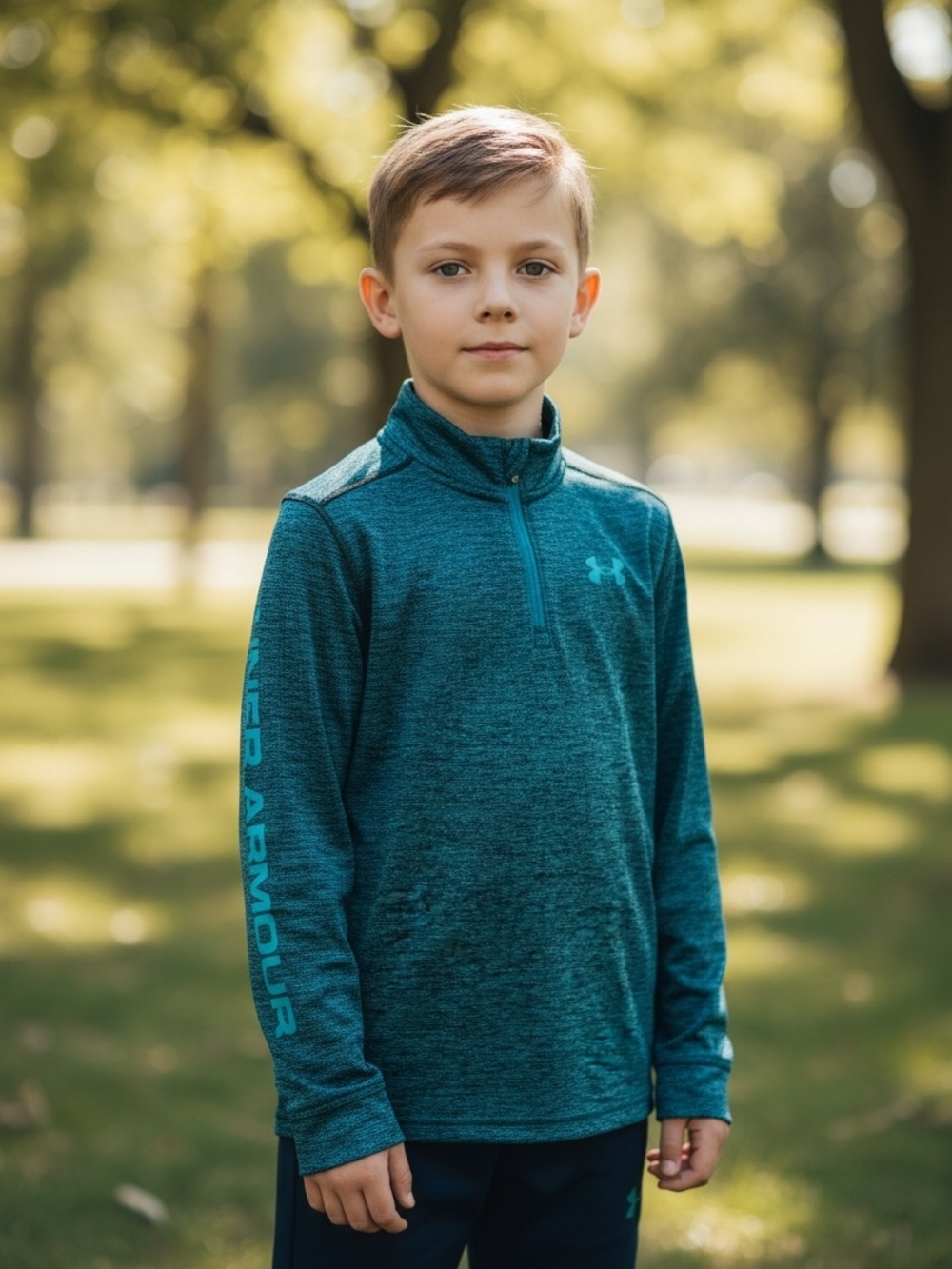 Under Armour Boy's Teal Quarter-Zip Pullover Heat Gear - Picture 2 of 8